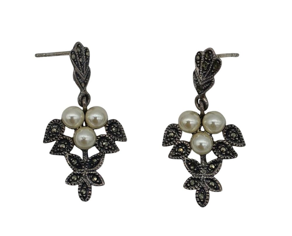 Vintage Sterling Silver Marcasite and Faux Pearl Dangle Earrings